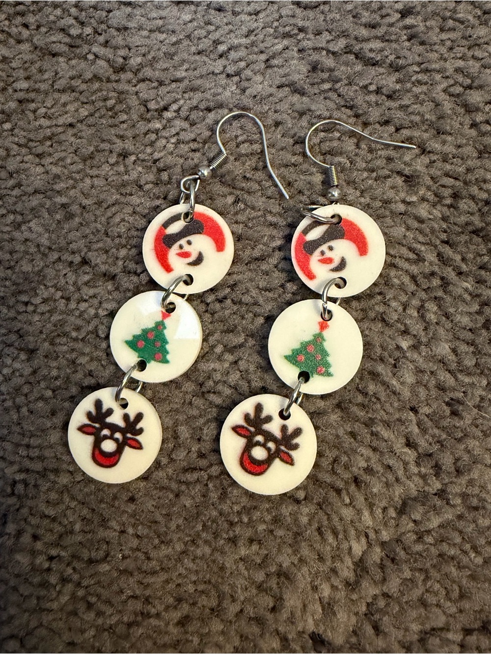 Festive Snowman & Reindeer Drop Earrings in White, Red, Green